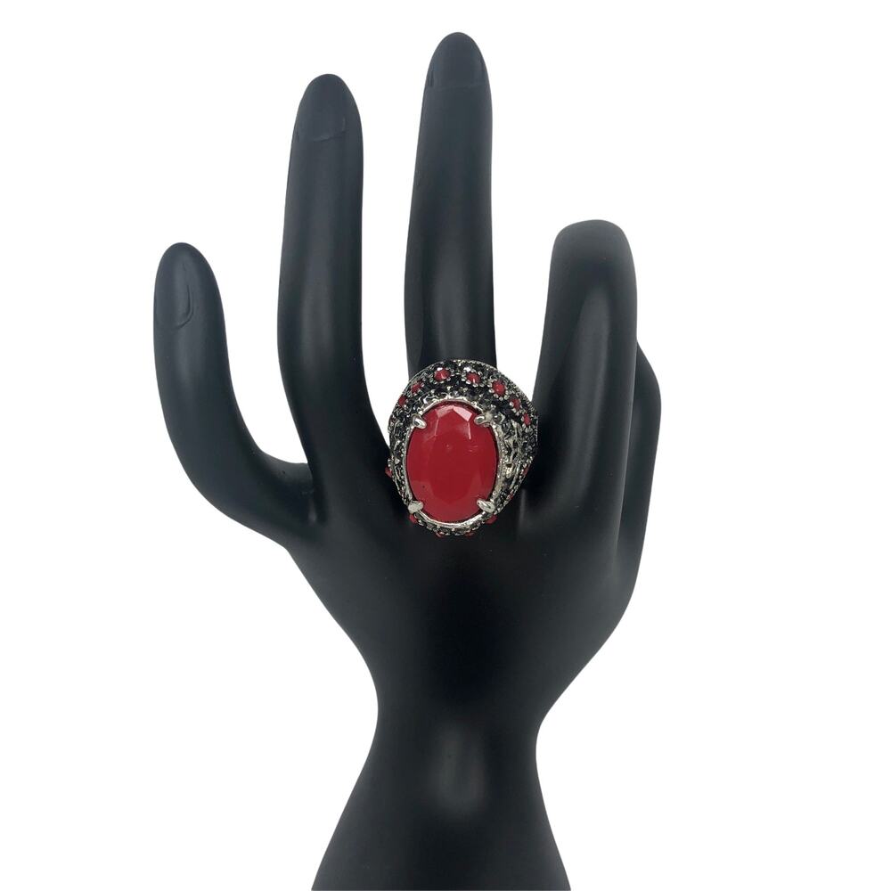 Silver and Red Rhinestone Statement Ring - Size 9 - Picture 2 of 6